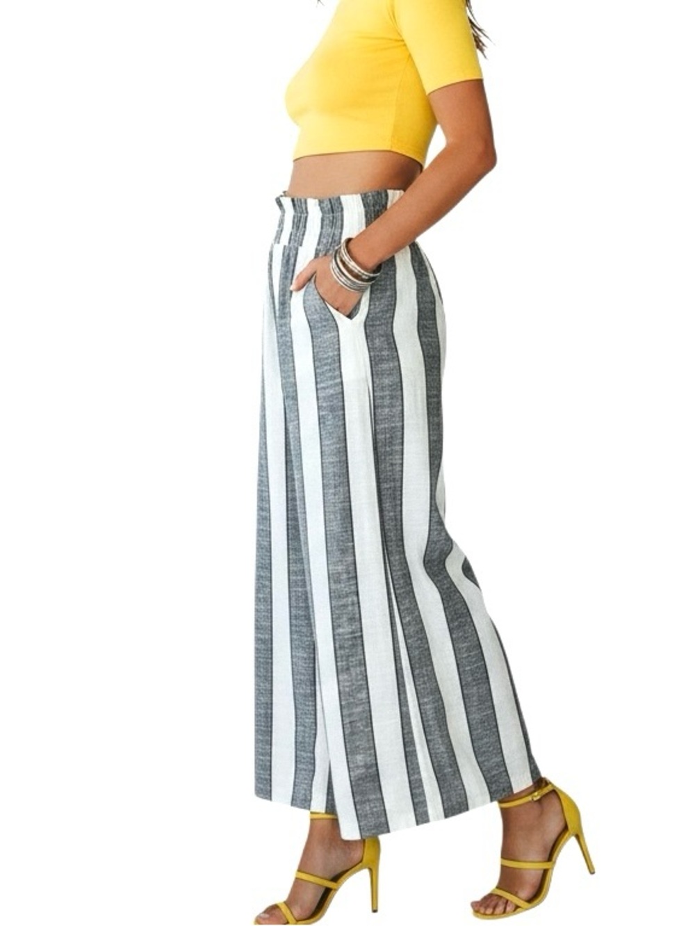 Attyre Linen Blend Pants Wide Leg  Distress Bottoms Pull On Striped Gray 14 NWOT